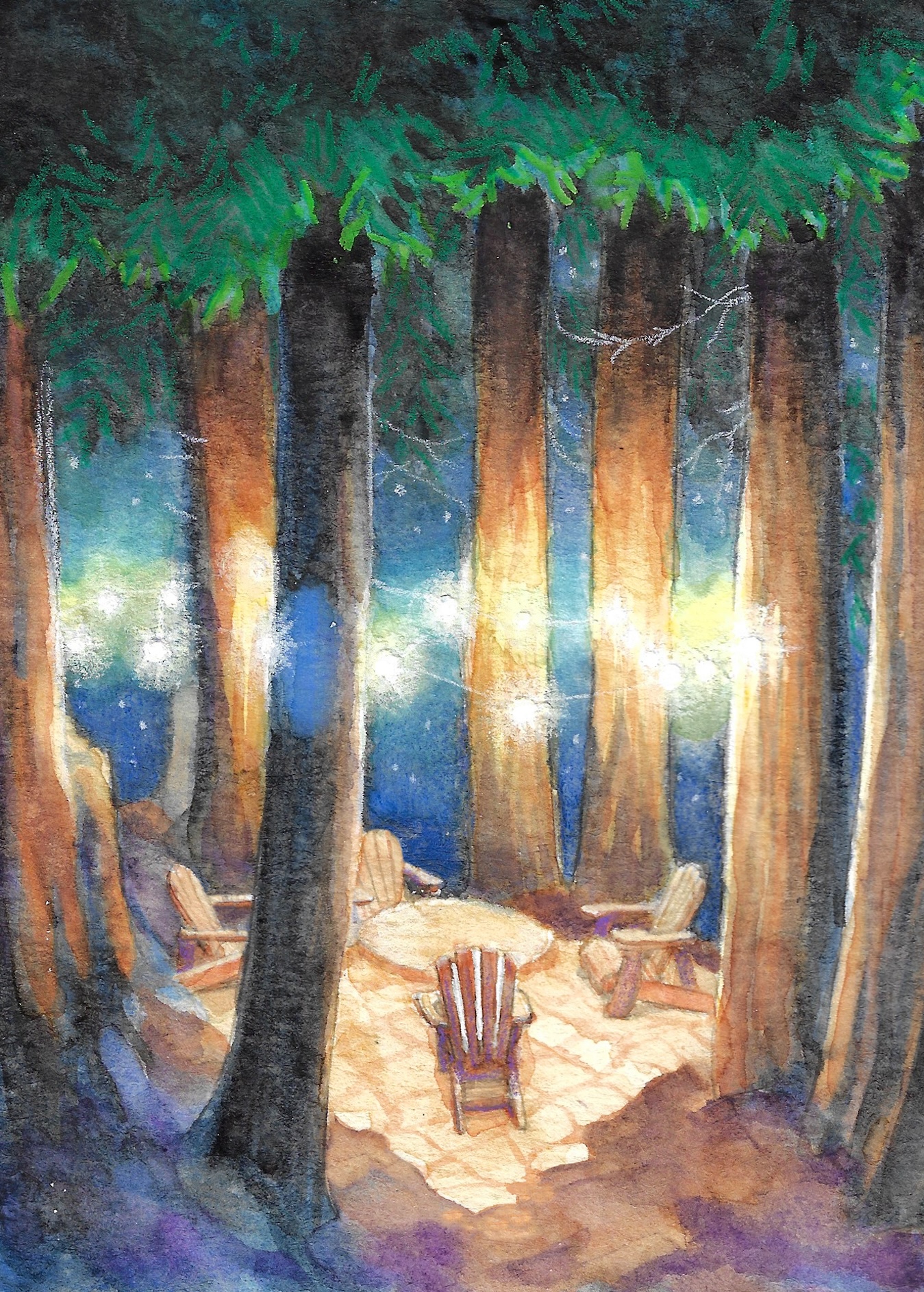 Fairy circle with lights illustration for The Highlands greeting card series.