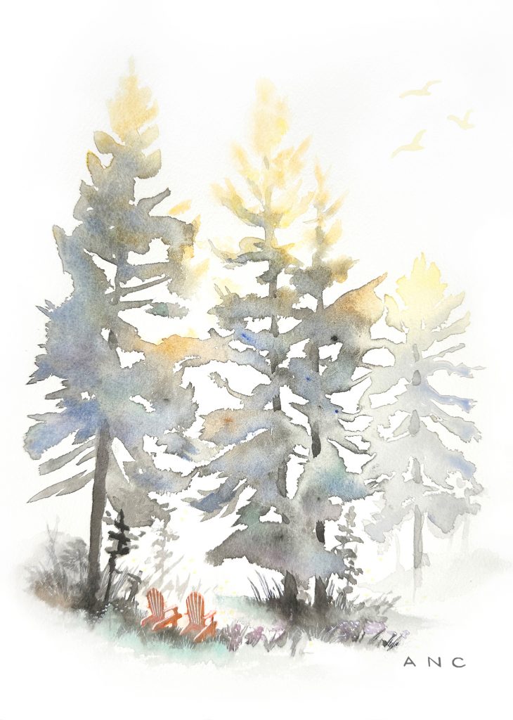 Anoraks under redwood trees illustration for The Highlands greeting card series